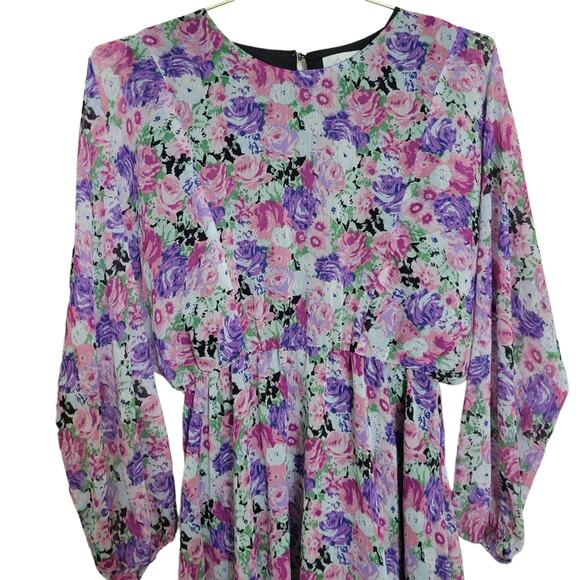 WAYF Mini Dress Sz Small S Spring Purple Floral Long Sleeve Flutter All over - Picture 5 of 11